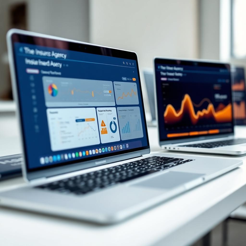 Three laptop screens side by side on a clean desk showing abstract agency management dashboards in navy and amber