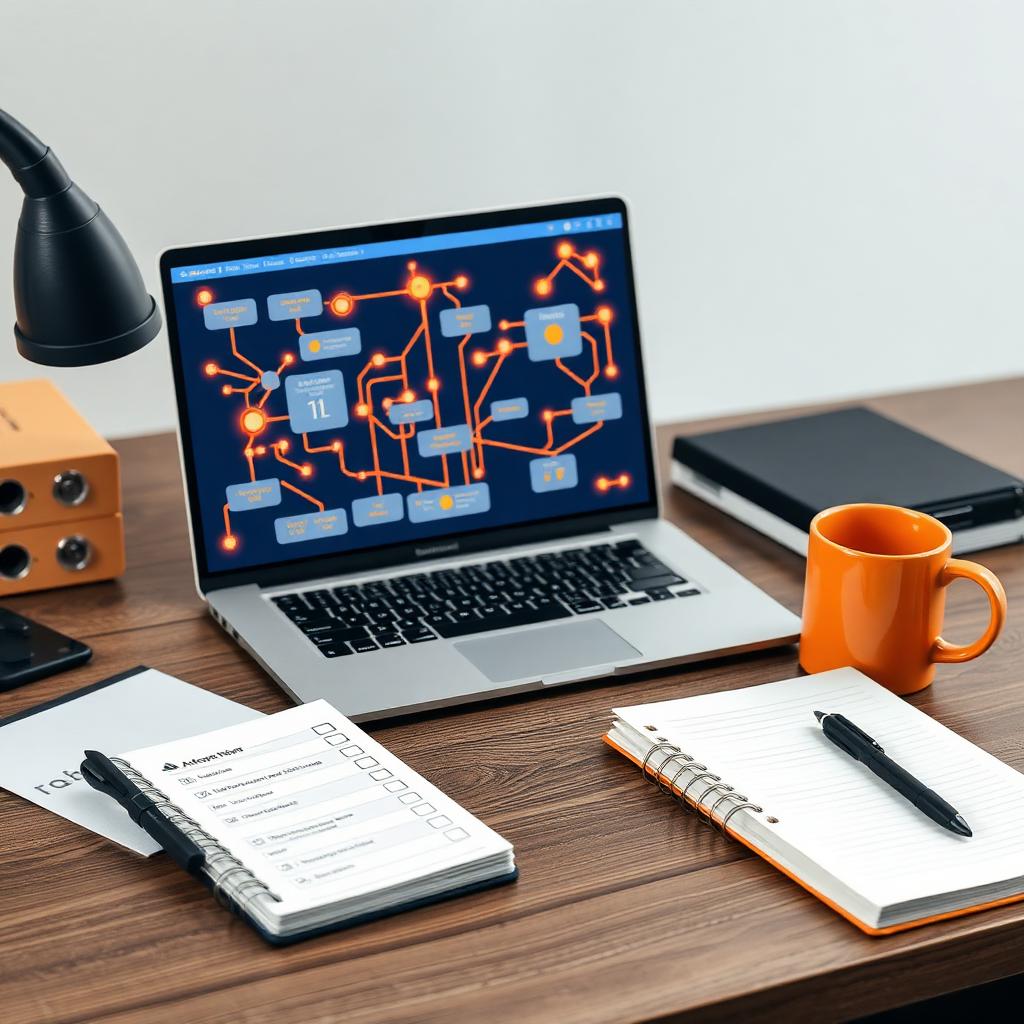 A small-agency desk with a laptop displaying glowing connected automation workflow nodes, a checklist notebook, and a coffee mug