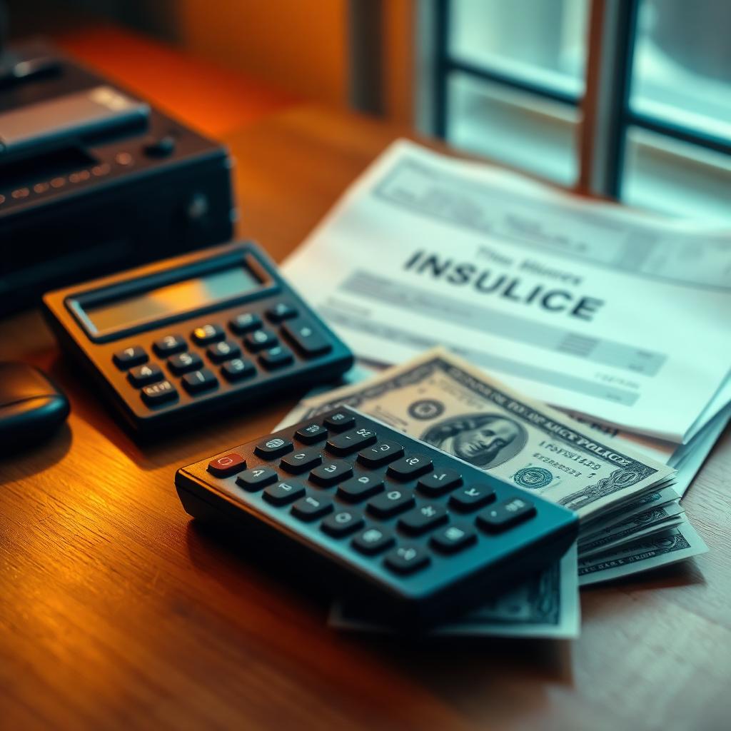 A calculator on a wooden desk beside stacked insurance policy documents and US dollar bills — illustrating commission lost to client churn