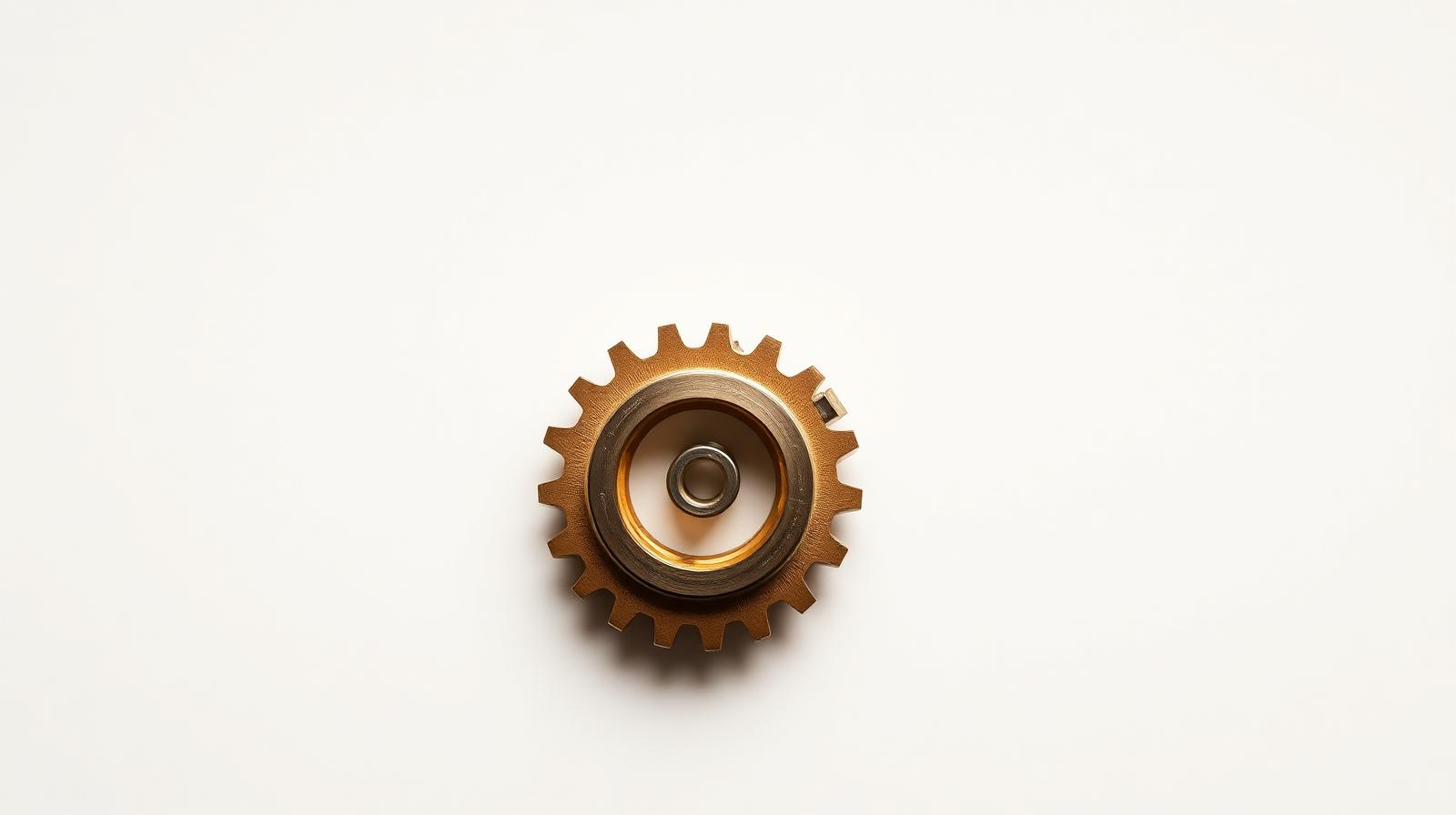 Brass gear on a clean off-white surface — visualizing how an AMS and a CRM mesh together inside an independent agency's stack