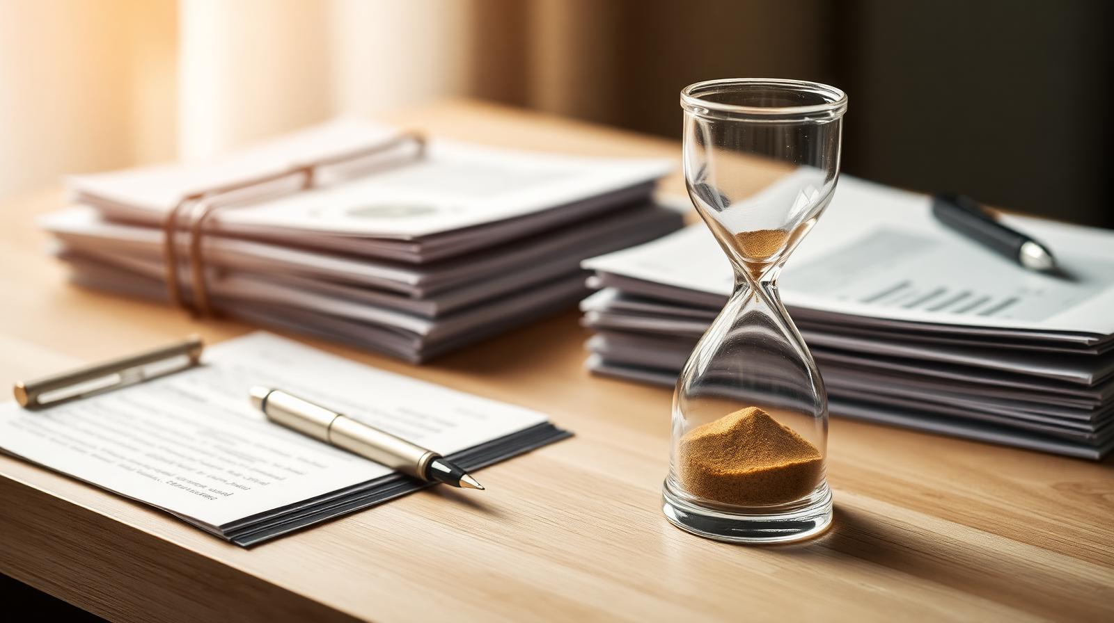 Hourglass with golden sand running through, next to a stack of business paperwork — illustrating time and revenue lost to slow follow-up