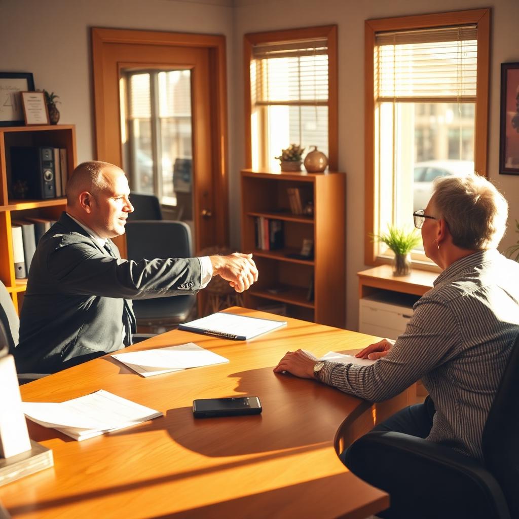 An independent insurance agent shaking hands with a client across a wooden desk in a warmly lit storefront office