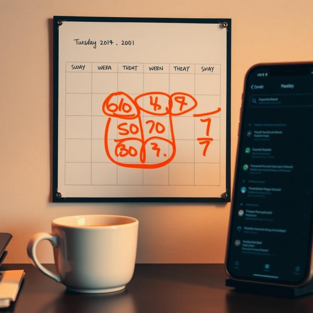 A wall calendar with 60, 30, and 7-day milestones circled in amber marker, beside a coffee cup and a smartphone — illustrating the 60/30/7 renewal cadence