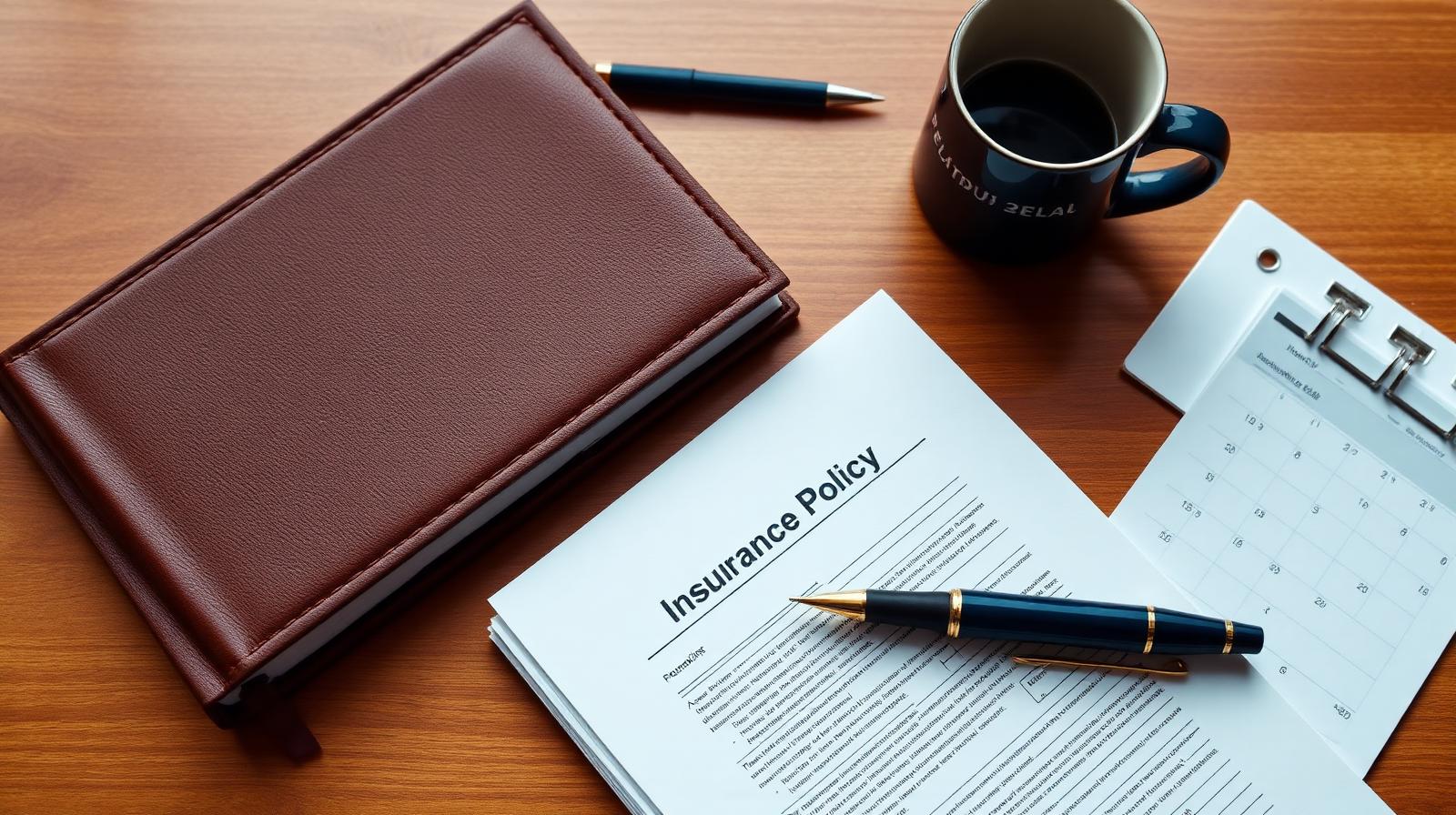 An organized desk with a retention playbook, policy documents, a fountain pen, and a calendar — visualizing a complete agency retention system
