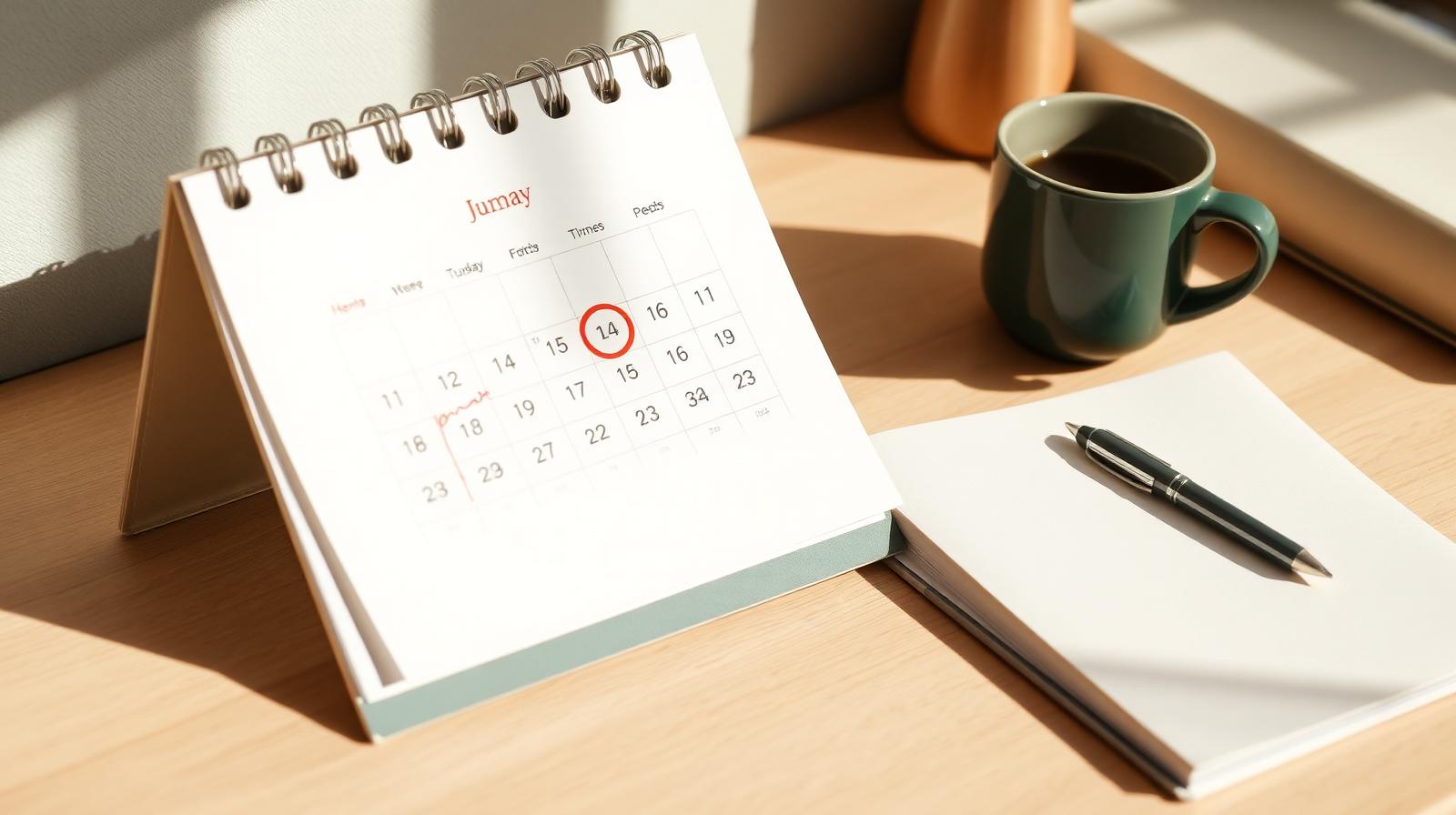 Desk calendar with key dates circled, next to a coffee mug and notebook — illustrating a simple, repeatable retention cadence