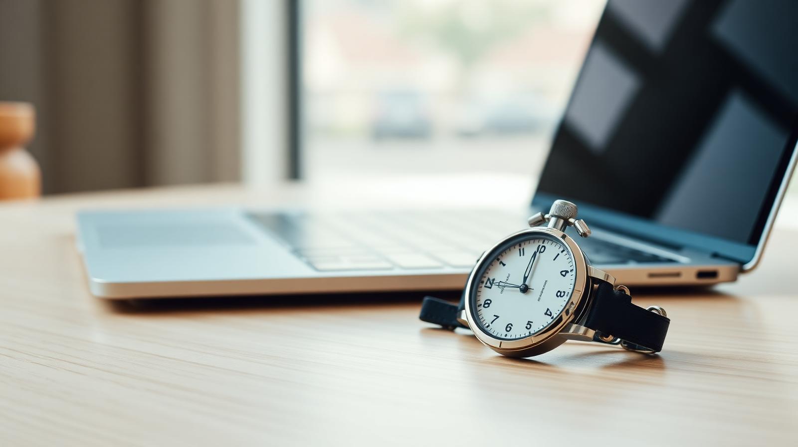 Silver stopwatch next to a laptop on a wooden desk — visualizing the 5-minute lead response window