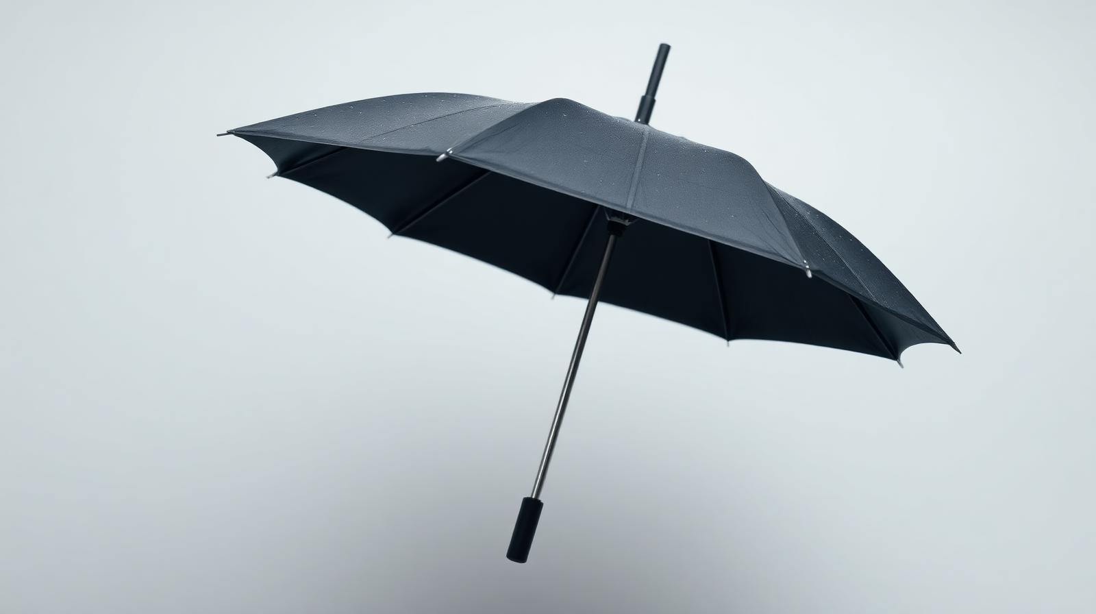 Black umbrella photographed against a neutral background with water droplets — visualizing renewal leak points in a P&C book